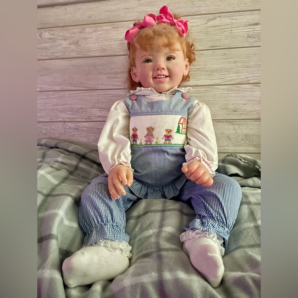 Beautiful collectible Toddler Baby Doll in Blue Gingham Kids Overalls